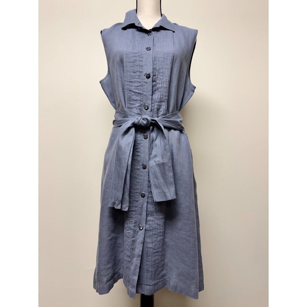 ARMANI COLLEZIONI Gray Linen Belted Pintuck Sleeveless Shirt Dress, Sz 14